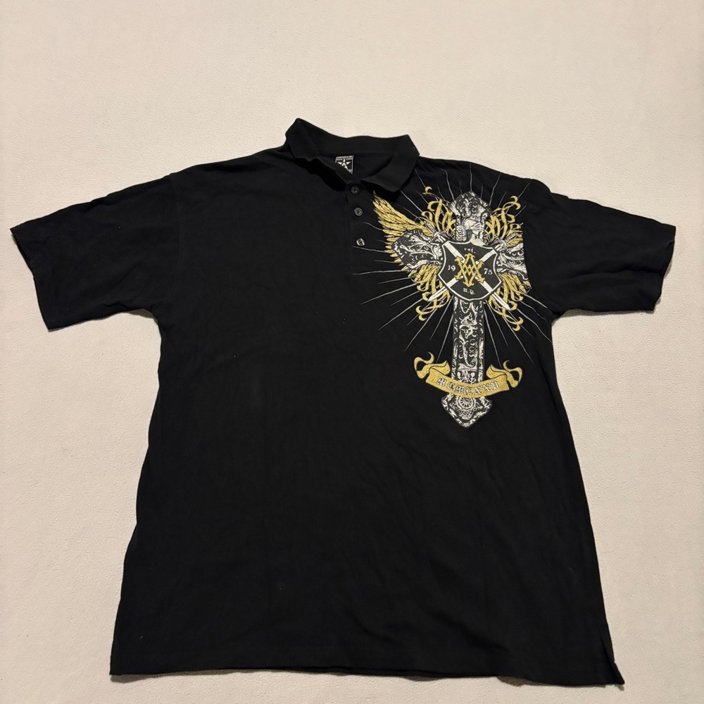Avirex Black Polo with Gold and White Graphic